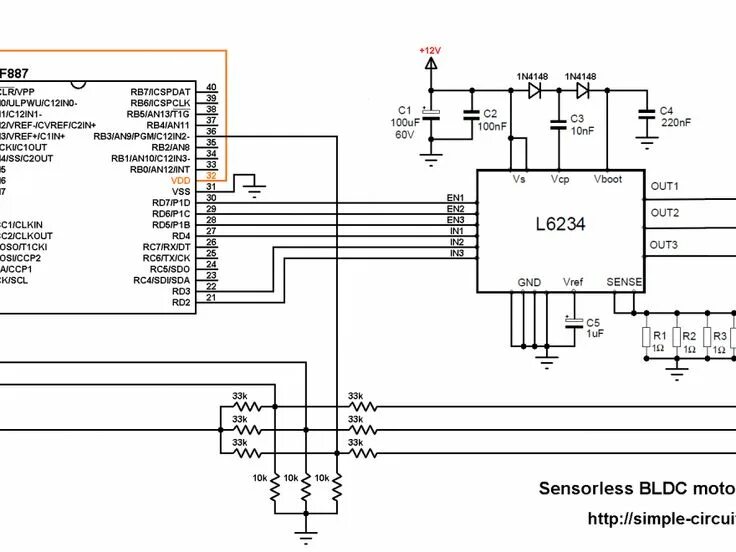 Подключение бесколлекторного двигателя Brushless motor control with PIC16F887 and L6234 driver Elektronik