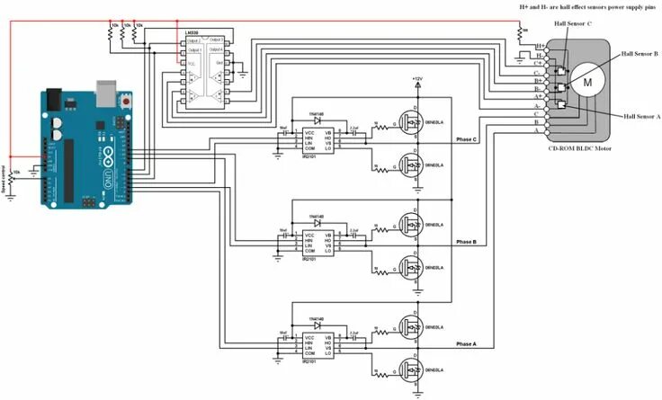 Подключение бесколлекторного двигателя CD-ROM Сенсорное управление двигателем BLDC с Arduino - Простые проекты Arduino,