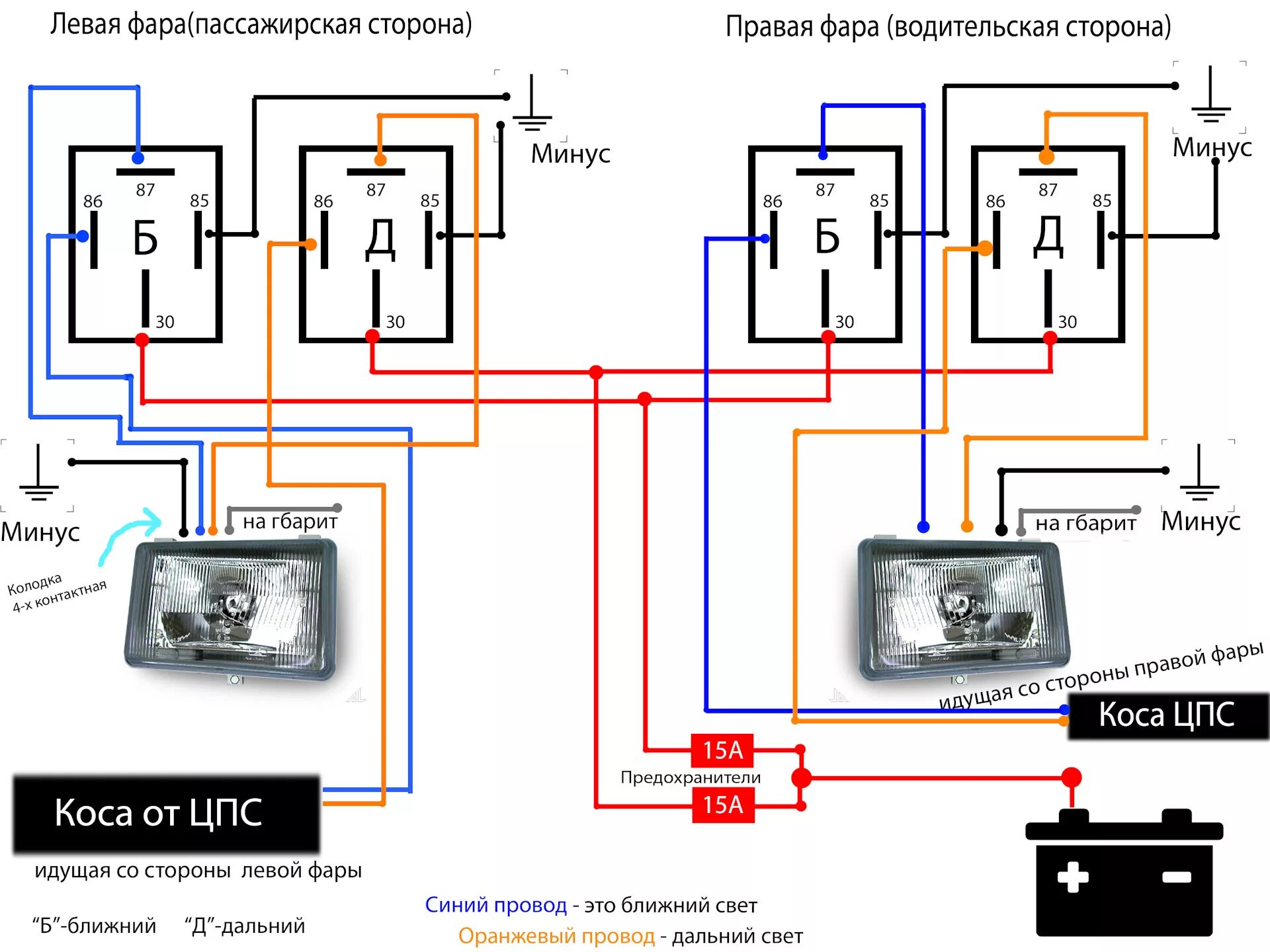 Подключение ближнего дальнего света Схема разгрузки ЦПС (Центрального переключателя света) на основе 4-х реле - ГАЗ 