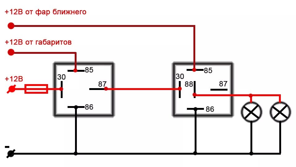 Подключение ближних фар через реле Дополнительный габариты в фары (схема с автоотключением при включении головного 