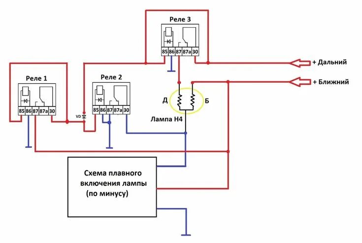 Подключение ближний свет ламп Как подключить схему плавного включения фар к лампе H4 Фары, Принципиальная схем