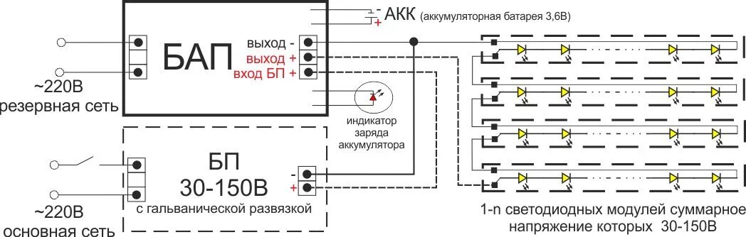 Подключение блока аварийного питания Блок аварийного питания БАП до 4Вт