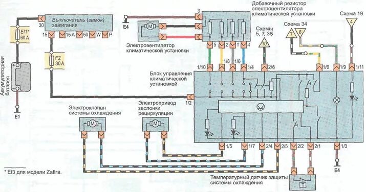 Подключение блока климат контроля Scheme 28. Air conditioning with air conditioning (Opel Zafira A 1999-2005, petr