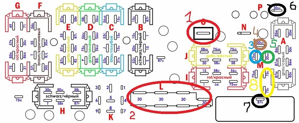 Подключение блока предохранителей ауди 80 Подключение одинарных фишек в монтажном блоке. - Audi 80 (B3), 1,8 л, 1989 года 