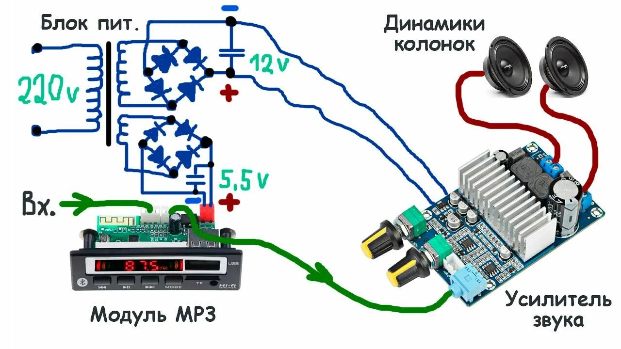 Подключение блока радио Усилитель звука для колонок с блютуз