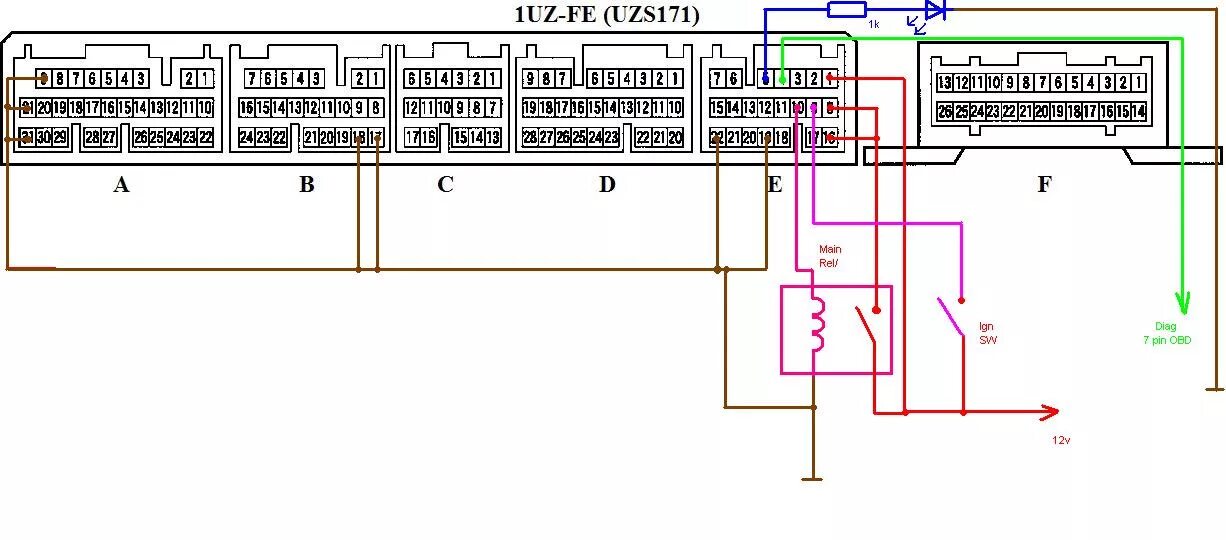 Подключение блока управления двигателем 1UZ-FE ECU 89661-3F170 (Crown/Majesta UZS175 после 08.2001) - отключение иммобил