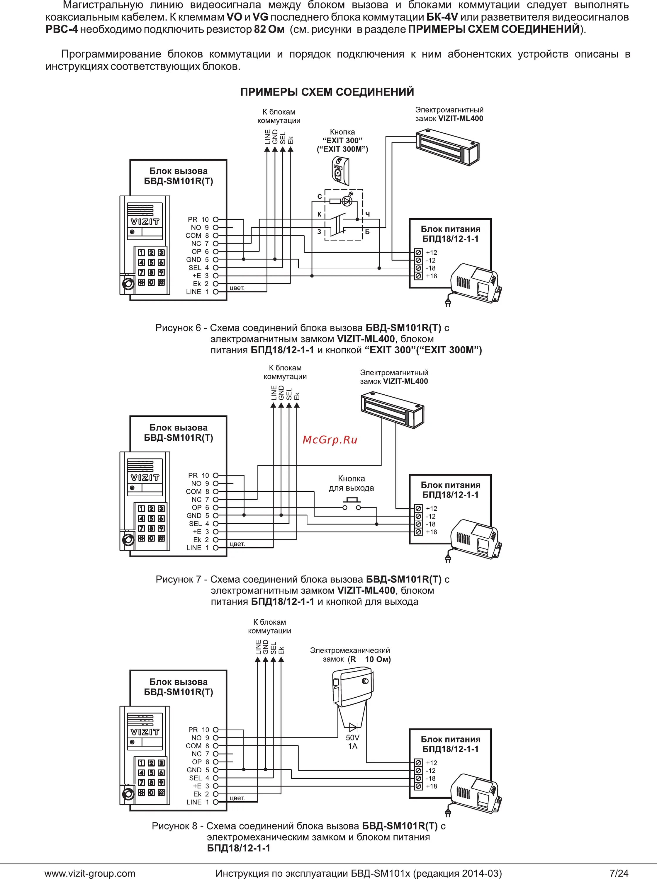 Подключение блока вызова домофона Domofon БВД-SM101R 7/24 Примеры схем соединений