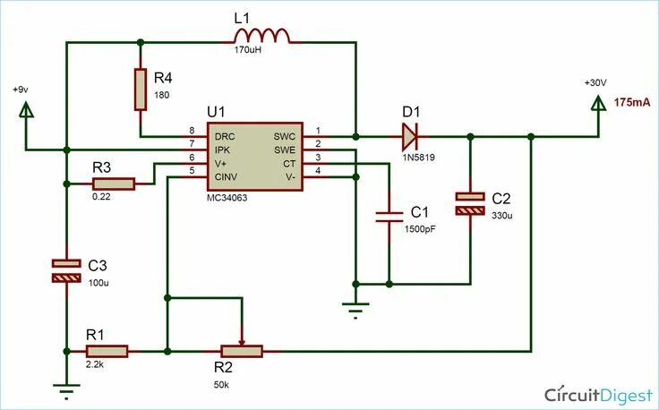 Подключение блоков dc dc DC to DC Boost Converter Circuit Diagram using MC34063 Electronics circuit, Elec