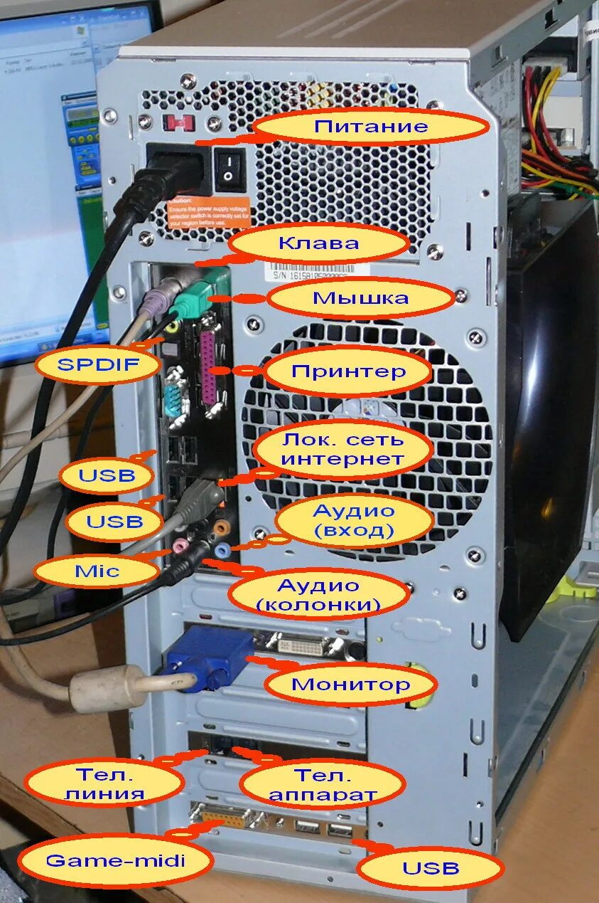 Подключение блоков компьютера Фото PC - задние разъемы (с подписями)10x15-rotate+labels, Computers-HardWare, -