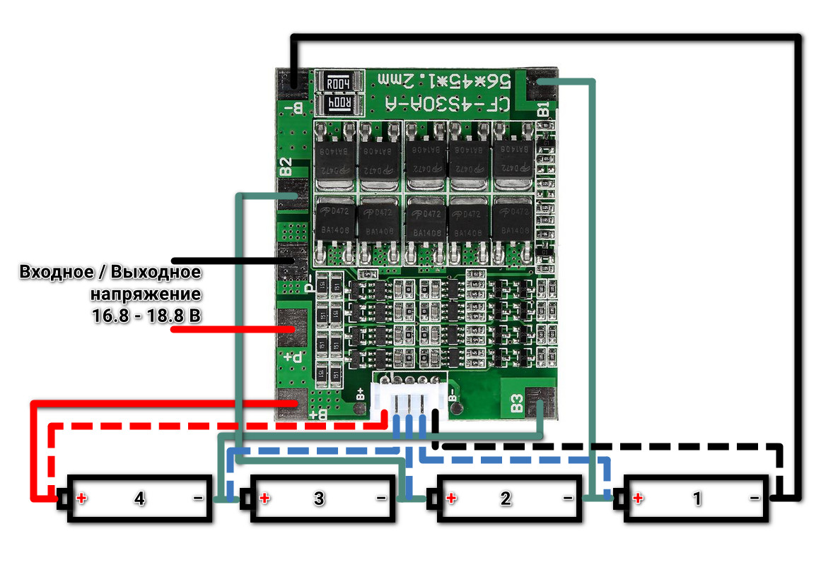 Подключение бмс 4 Модуль защиты li-ion аккумуляторов PCB BMS 4S 18650 40A с кабелем