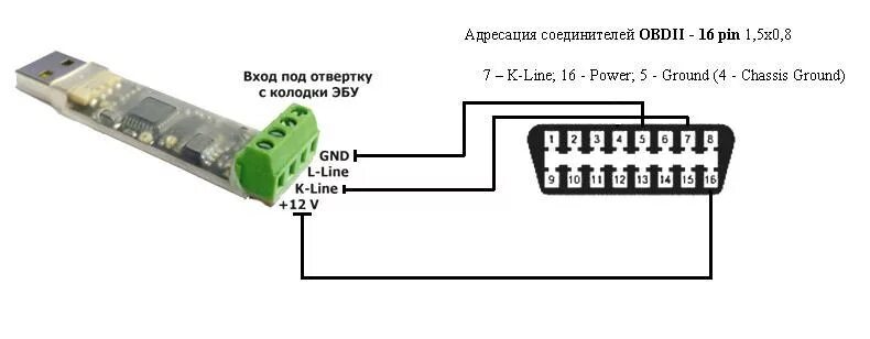 Подключение через адаптер Автомобильный сканер Мастер-Кит BM9213, USB адаптер для K-L-линии и OBD-II KIT_B