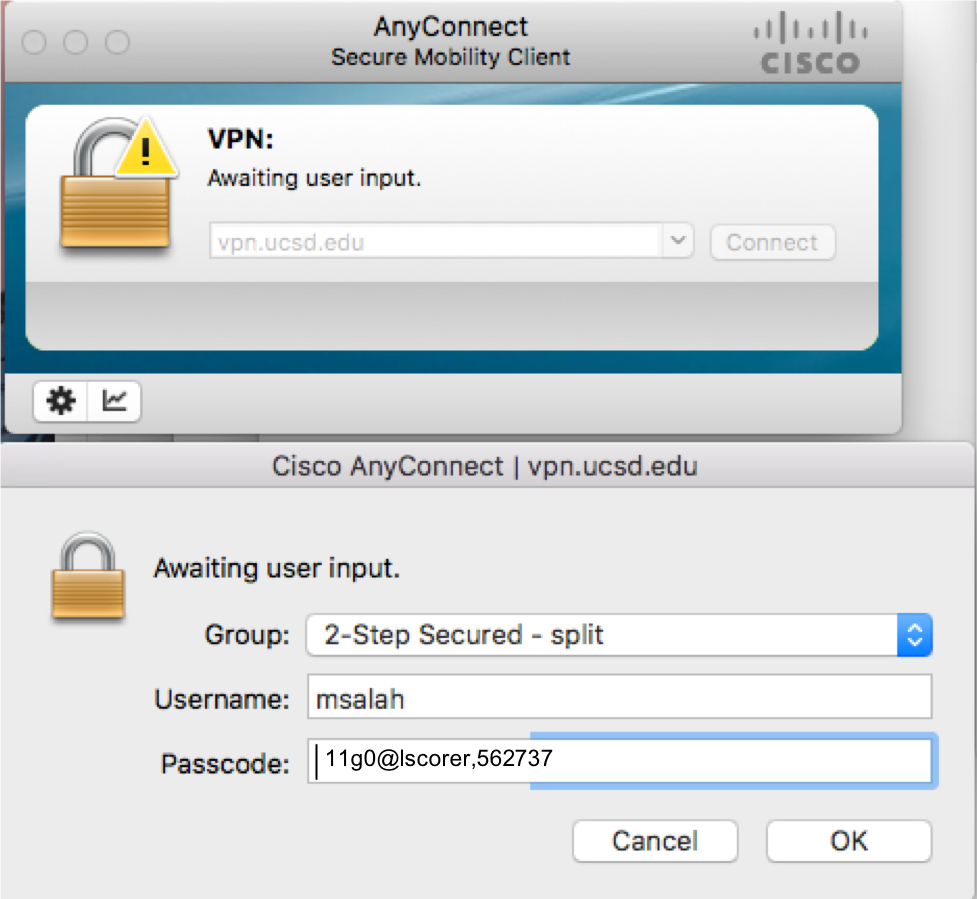 Подключение через anyconnect Two-Step Login: VPN