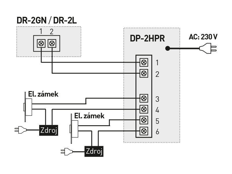 Подключение через dp Commax DP-2HPR / DR-2GN, sada domácího telefonu a dveřní stanice CEL-TEC