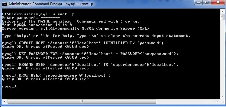Подключение через консоль Mysql console