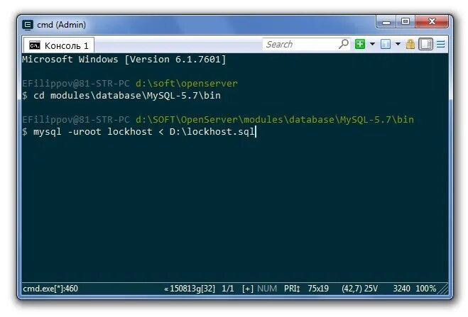 Подключение через консоль Импорт большого дампа БД в OpenServer через консоль