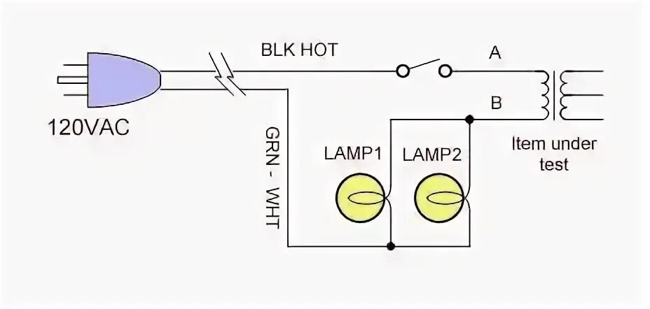 Подключение через лампочку от короткого замыкания Load Lamp Safely Allows Safer Electronic Testing