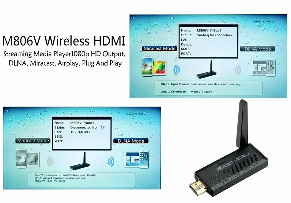 Подключение через миракаст к телевизору M806V - Media player sans-fil HDMI Streaming / Sortie 1080p / DLNA / Miracast / 