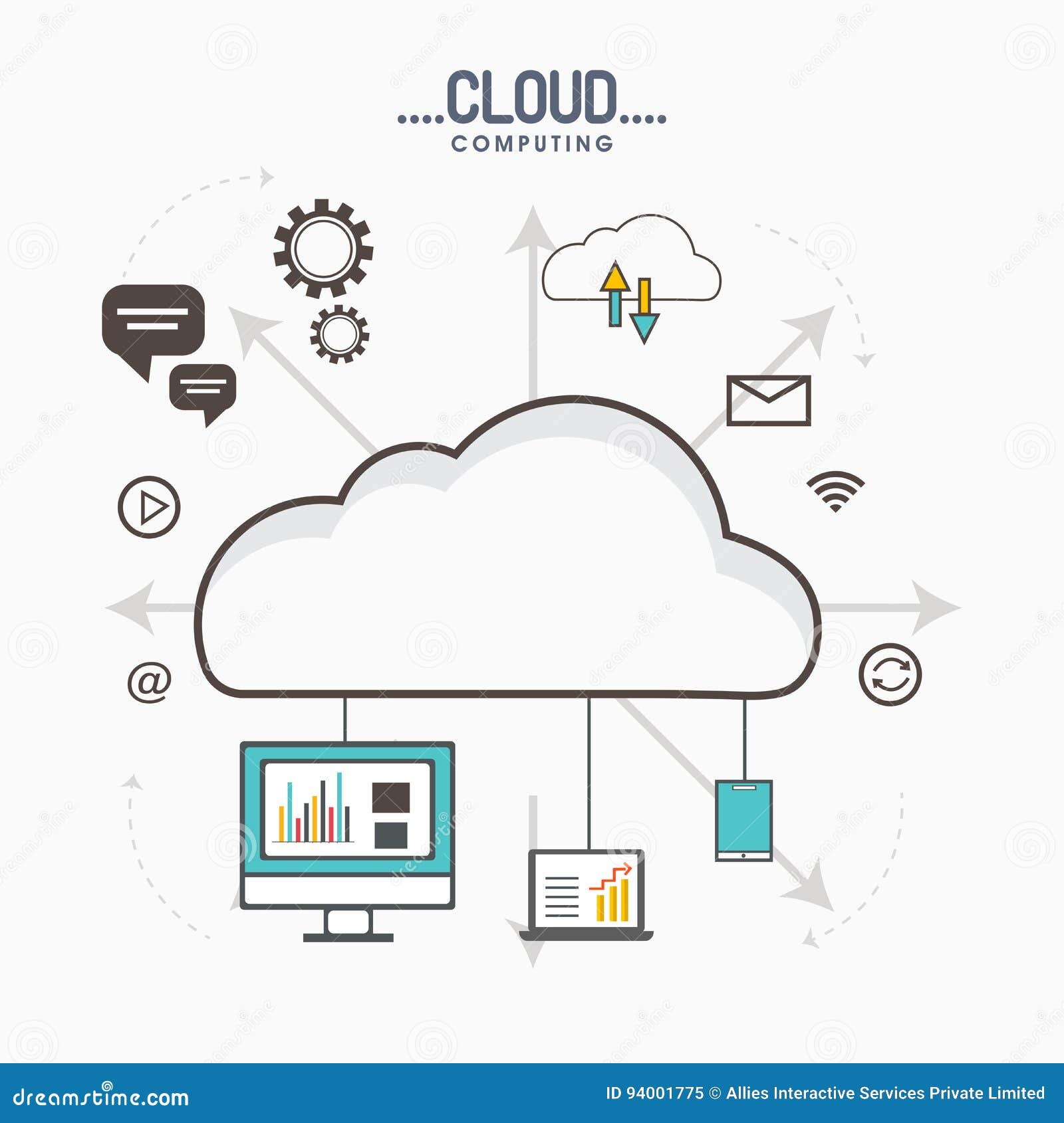 Подключение через облако Flat Illustration of Cloud Computing Process. Stock Illustration - Illustration 