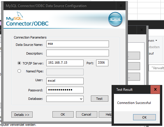 Подключение через odbc mysql - Unable to connect via ODBC in Excel (while connection test works fine) -