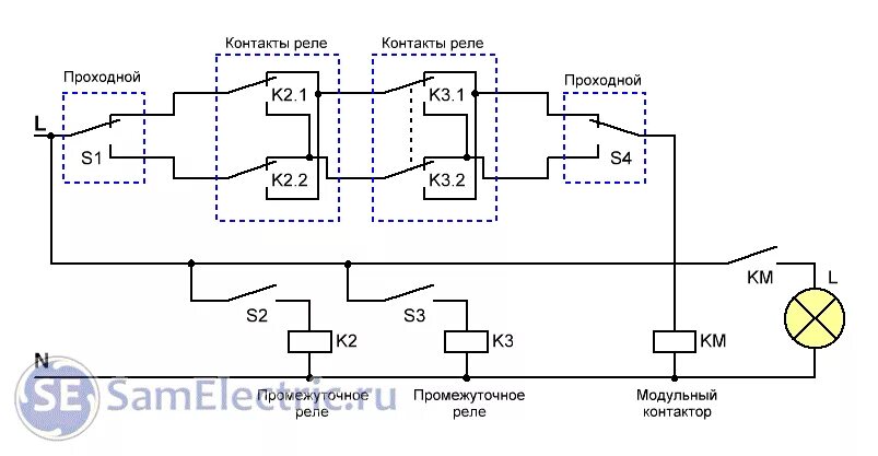 Подключение через промежуточное реле Освещение с нескольких мест без переключателей и импульсных реле - СамЭлектрик.р