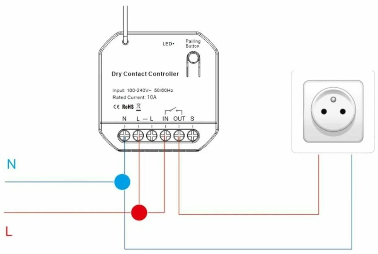 Подключение через сухой контакт Умное реле сухой контакт GRITT Core 2.0 в подрозетник 1 линия 433 + WiFi, CR2204