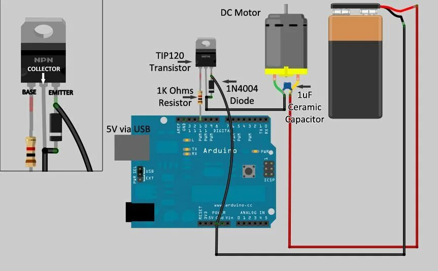 Подключение через транзистор Use Arduino With TIP120 Transistor to Control Motors and High Power Devices Elec