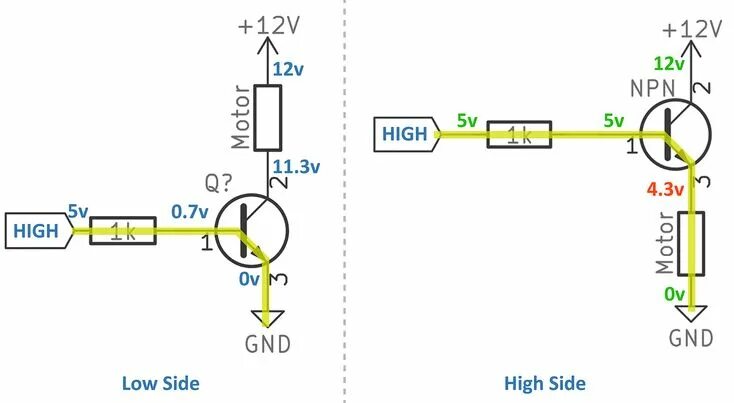 Подключение через транзистор NPN Low Side vs High Side Switch Arduino가있는 PWM 3 핀 PC 팬 Electronics basics, Ard