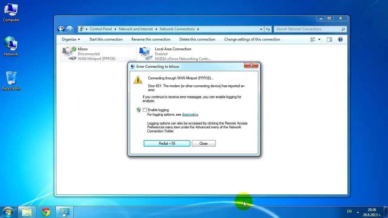 Подключение через wan miniport ошибка 651 Blizoo (Win 7): Error 651: The modem (or other connecting device) has reported a