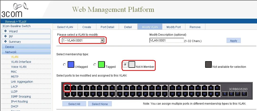 Подключение через web Как через web интерфейс настроить VLAN на коммутаторе 3Com Baseline Switch 2952 