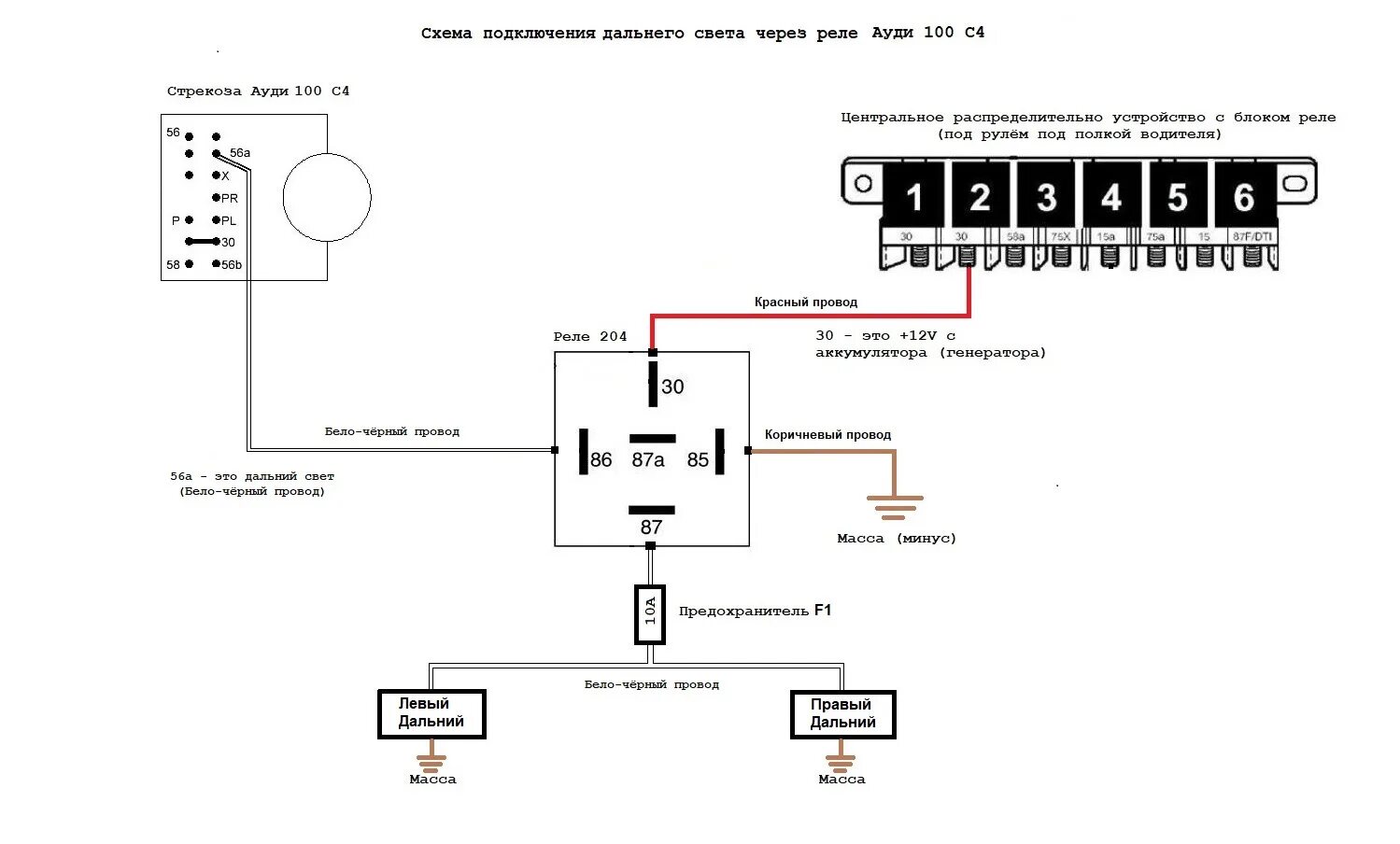 Подключение дальнего света через реле Схемы подключения ближнего и дальнего света фар через 4х-контактное реле (или 20