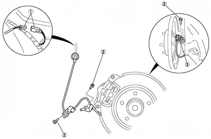 Подключение датчика abs Снятие, проверка и установка заднего датчика скорости колеса ABS (Мазда6 GG (Ате
