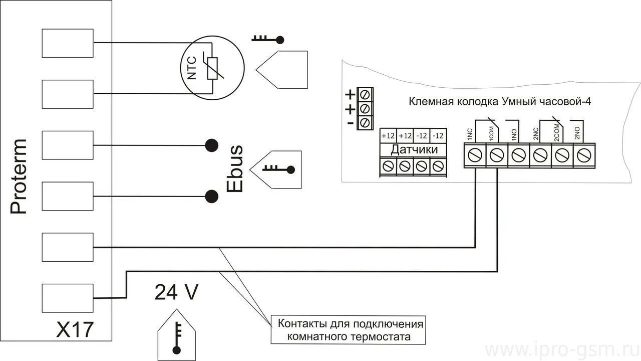 Подключение датчика бойлера к котлу протерм Схемы подключения сигнализации Умный Часовой-4 к отопительным котлам