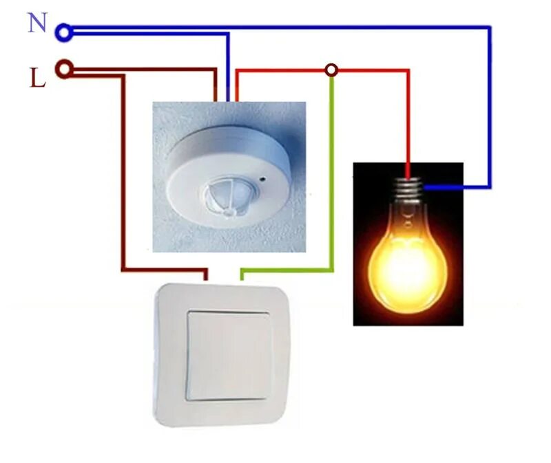 Подключение датчика движения через двухклавишный выключатель Ответы Mail.ru: помогите разобраться какой провод куда (датчик движения)