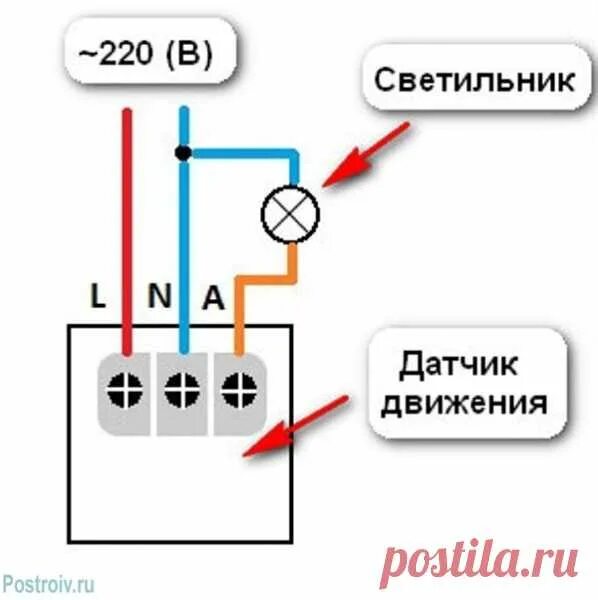 Подключение датчика движения через выключатель к лампочке Схема подключения датчика движения в электрическую цепь. Как подключ � электриче
