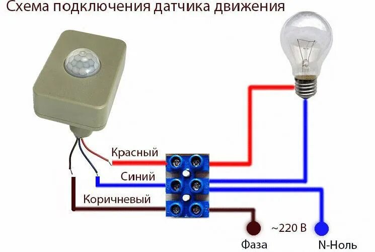 Подключение датчика движения для освещения без выключателя Установка и схема подключения датчика движения: для освещения, с выключателем и 