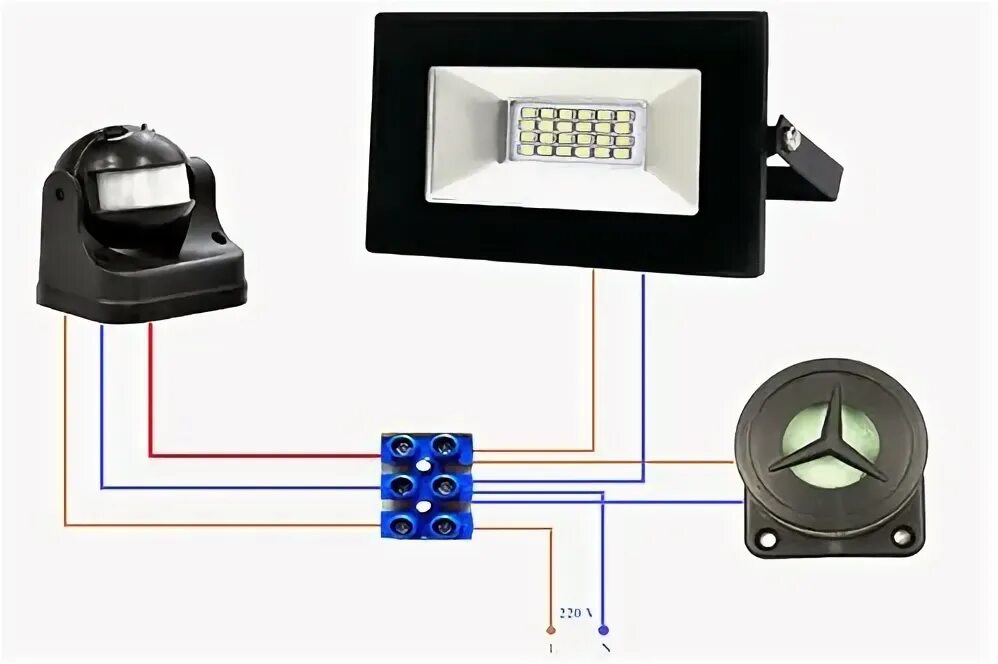 Подключение датчика движения к прожектору светодиодному Как подключить прожектор. Подключение прожектора