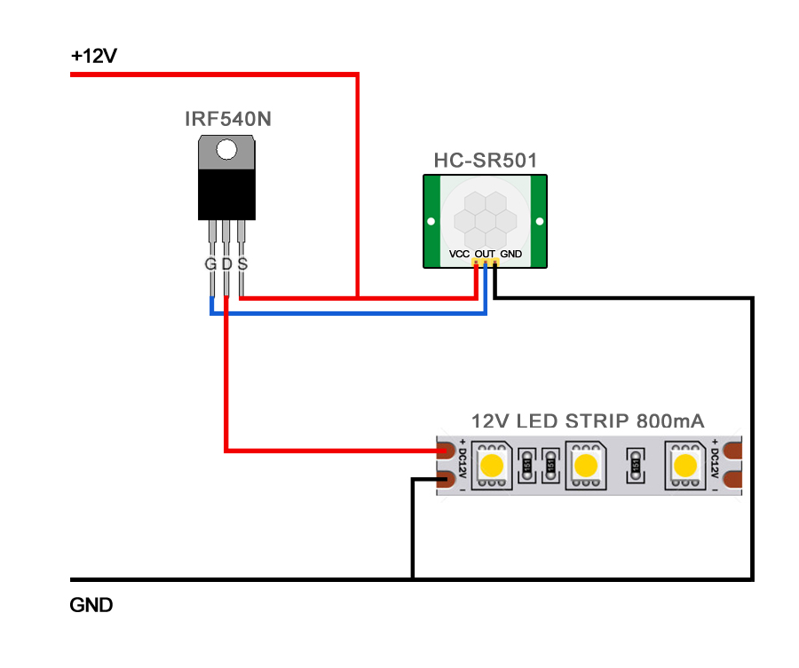 Подключение датчика движения к светодиодной ленте PIR sensor led strip with N channel mosftet Electronic circuit projects, Electro