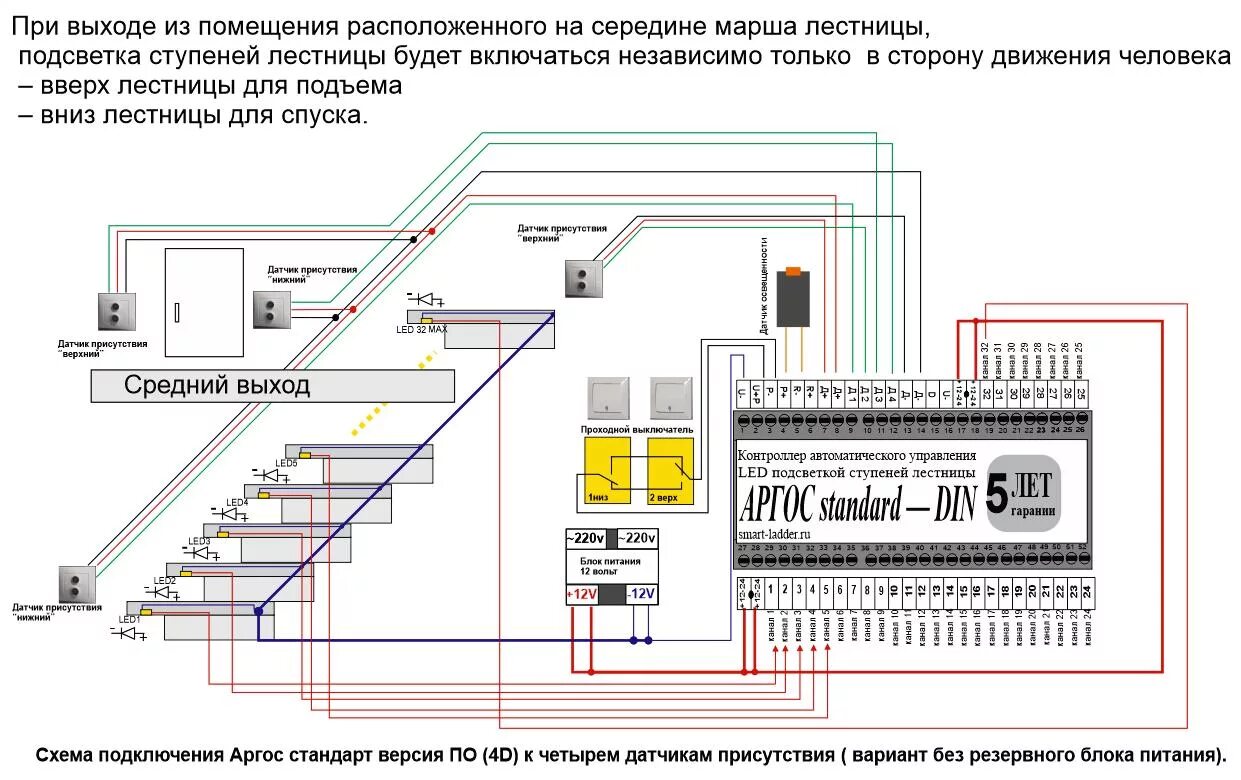 Подключение датчика движения на лестнице Модель-"АРГОС standard - DIN" версия 2D, версия 4D. АВТОМАТИЧЕСКАЯ ПОДСВЕТКА ЛЕС