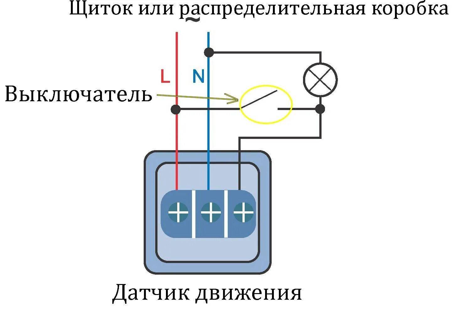 Подключение датчика движения параллельно выключателя Выключатель с датчиком движения: как подключить датчики движения к лампочкам на 