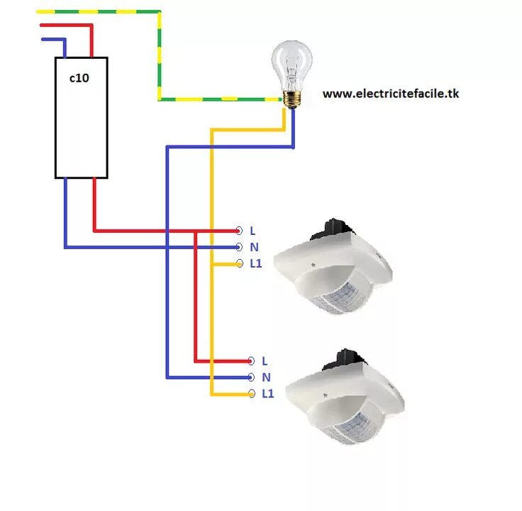 Подключение датчика движения с двумя выключателями Si vous voulez en savoir plus sur: schéma electrique simple détecteur de mouveme