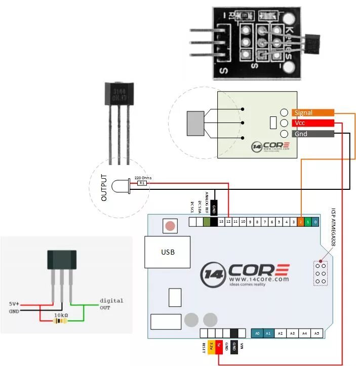 Подключение датчика холла к ардуино Wiring the 314X Hall Effect Sensor Module 14core.com