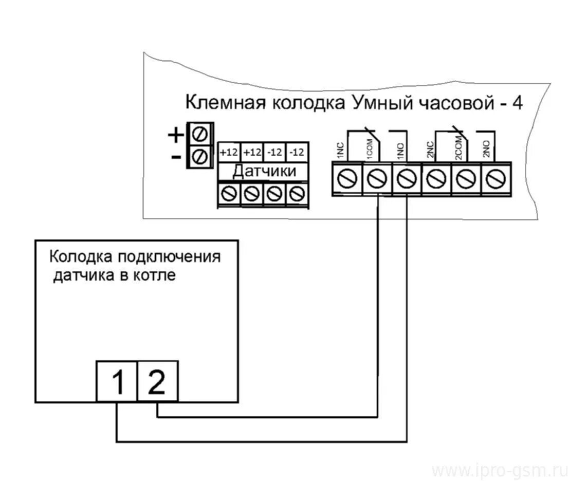 Подключение датчика к котлу Схемы подключения сигнализации Умный Часовой-4 к отопительным котлам