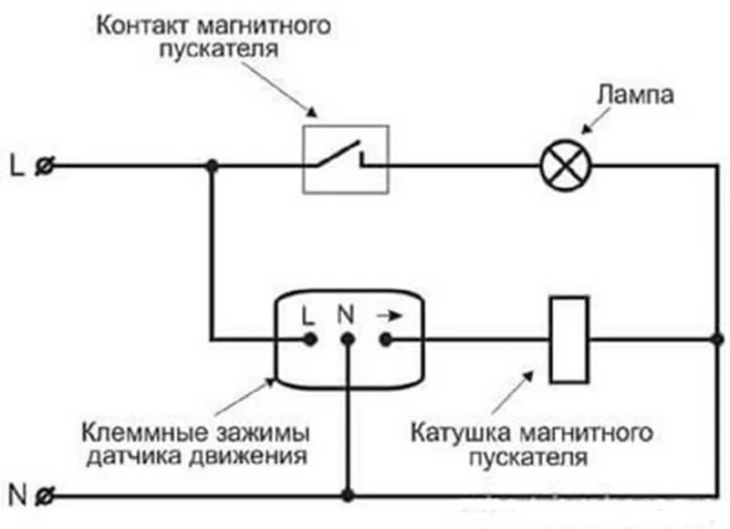 Подключение датчика к пускателю Схема подключения выключателя с датчиком движения к лампочке через выключатель