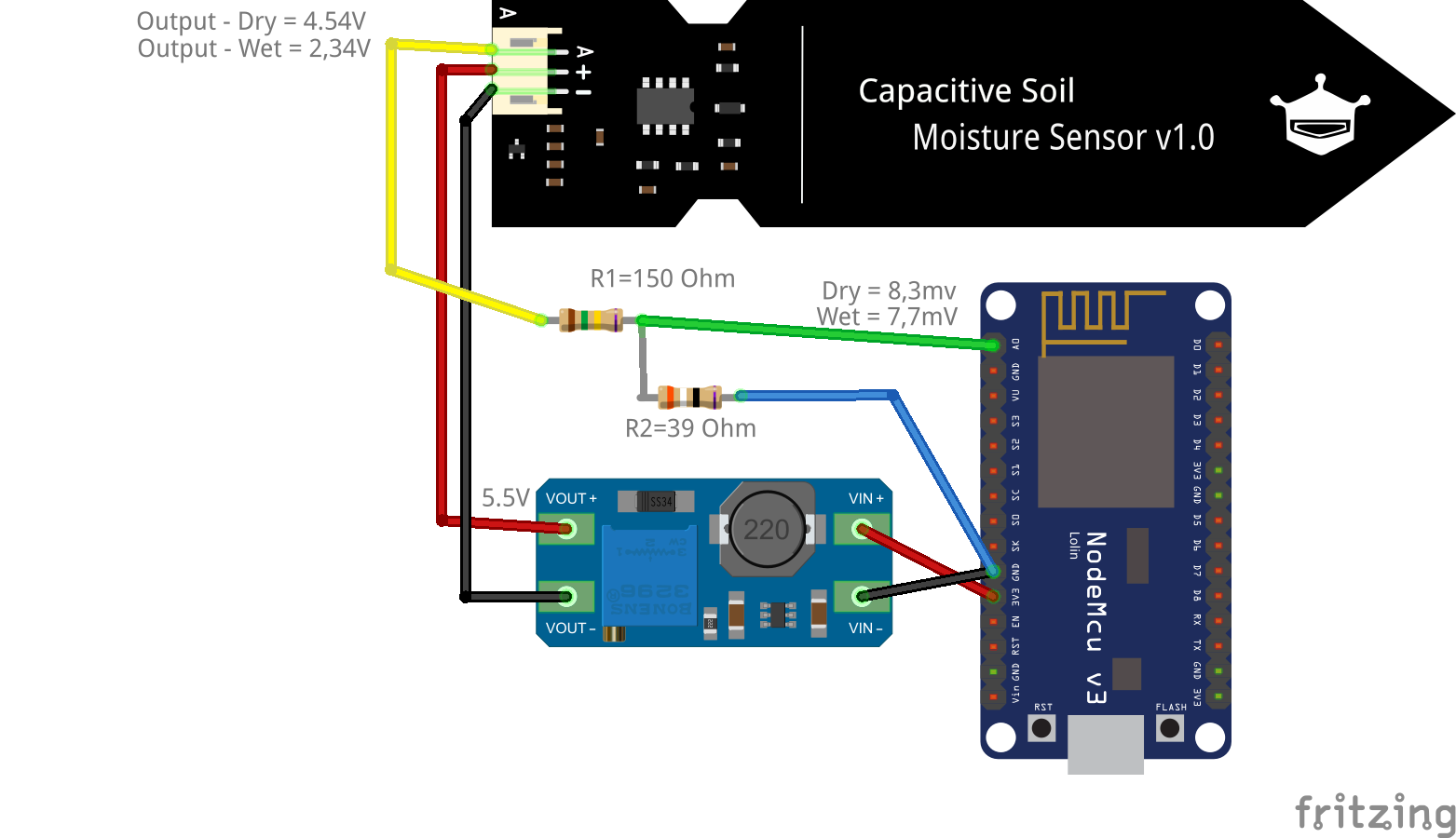 Подключение датчика напряжения esp8266 analogRead of 5.5V soil moisture sensor input using voltage divider - Ar