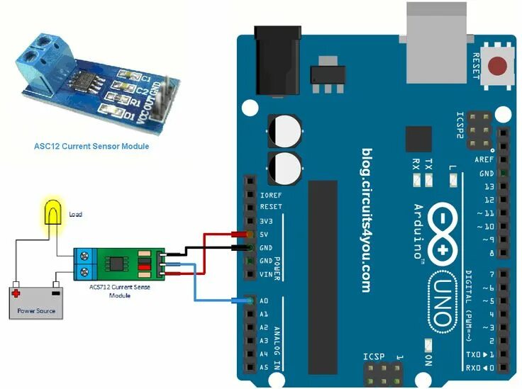 Подключение датчика напряжения DC Current Measurement using ASC712-05A Arduino