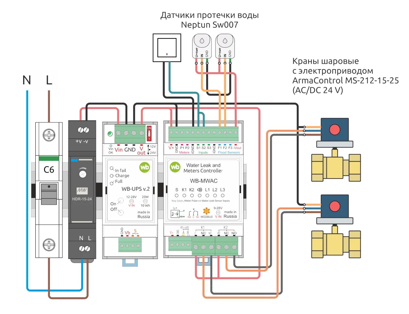 Подключение датчика протечки WB-MWAC. Отличия в напряжении питания на шаровой кран - Контроллер защиты от про