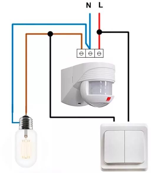 Подключение датчика света через выключатель Подключение датчика движения для освещения с выключателем