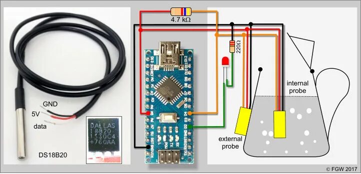 Подключение датчика температуры ds18b20 к arduino Temperature logging of the inside and the outside of an electric tea kettle with