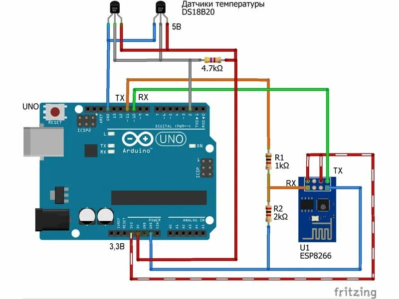 Подключение датчика температуры ds18b20 к arduino Arduino + ESP8266. Передача показаний с двух датчиков температуры на WEB сервис 