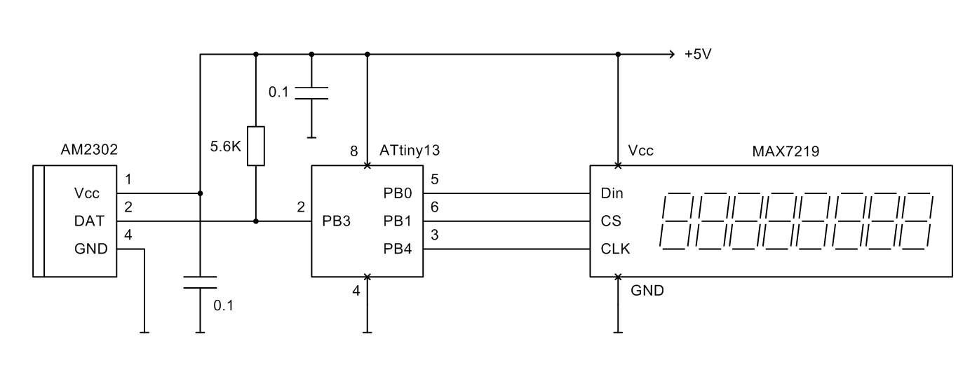 Подключение датчика температуры и влажности Простой цифровой термометр/гигрометр на AM2302 (DHT22), ATtiny13 и MAX7219 / Hab